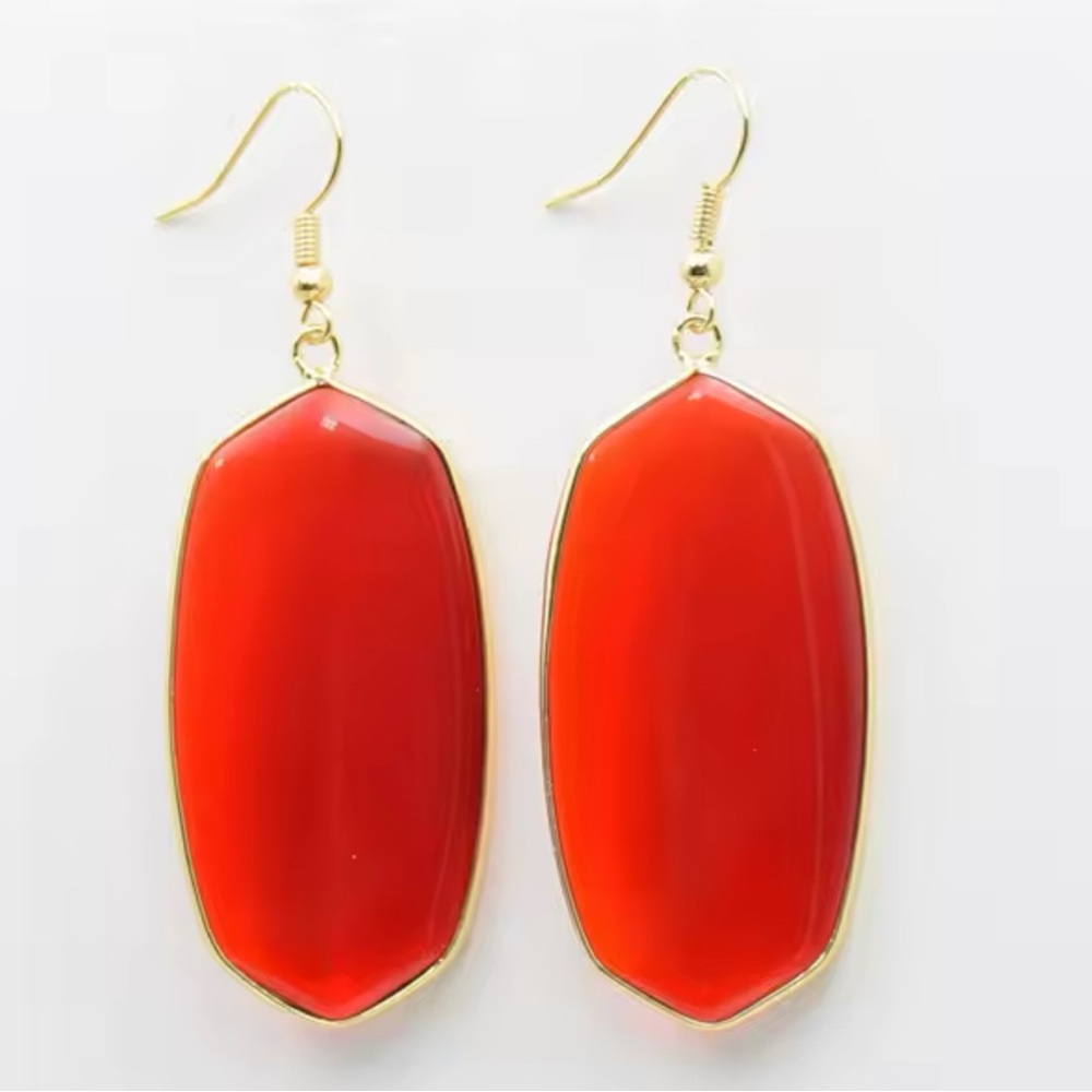 Large 14k Gold Plated Red Glass Oval Hexagon Dangle Statement Earrings